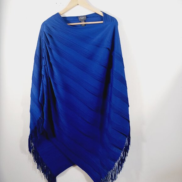 Chico's Travelers, Royal Blue Poncho Plisse Fabric Lightweight Fringe Hem S/M - Picture 10 of 16